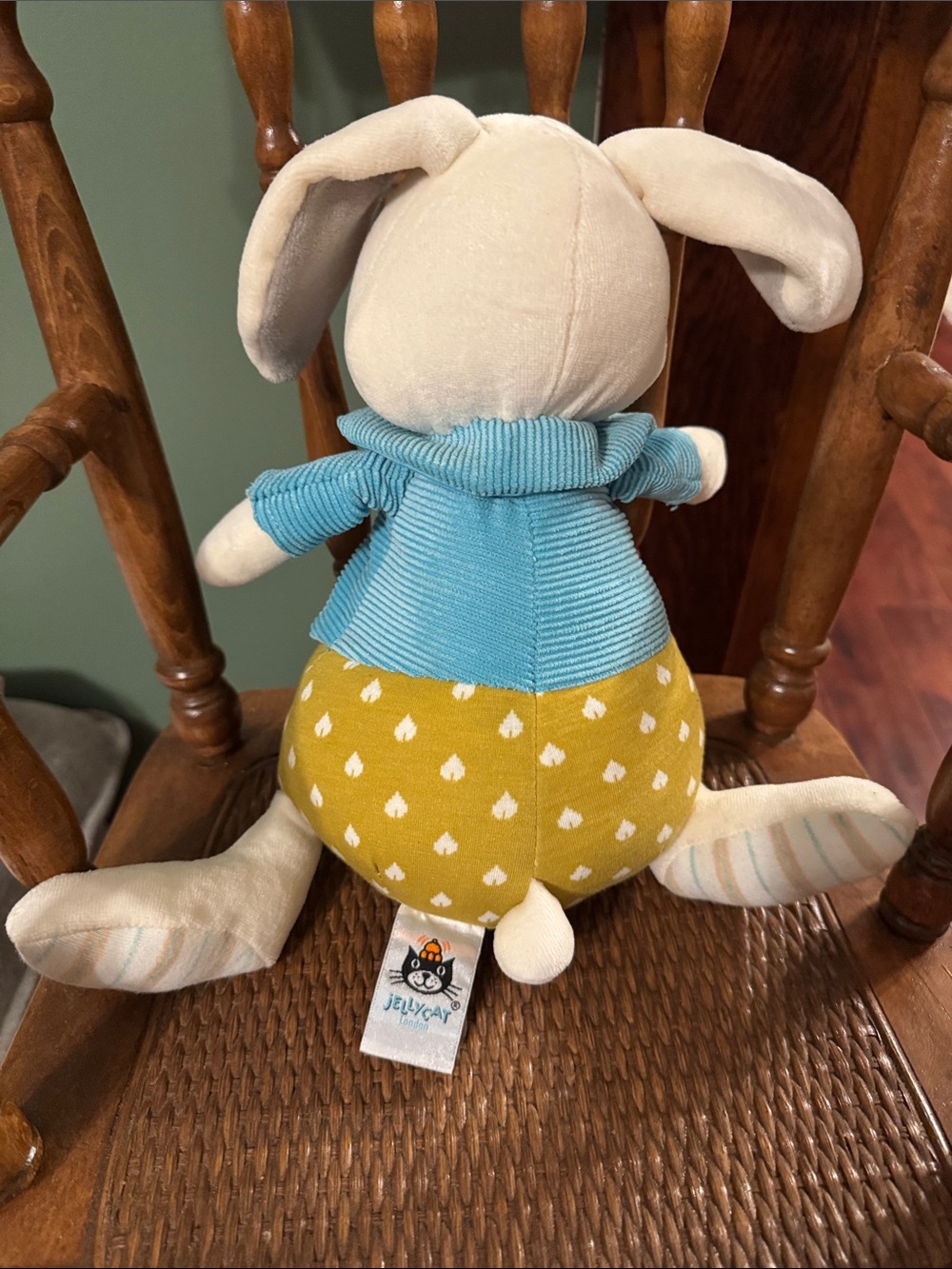 Jellycat Large Lewis Rabbit plush toy in a blue jacket and yellow trousers - Picture 4 of 4